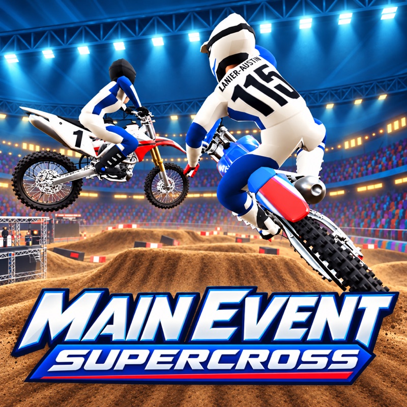 A rider in blue and gold carving a dirt turn under stadium lights